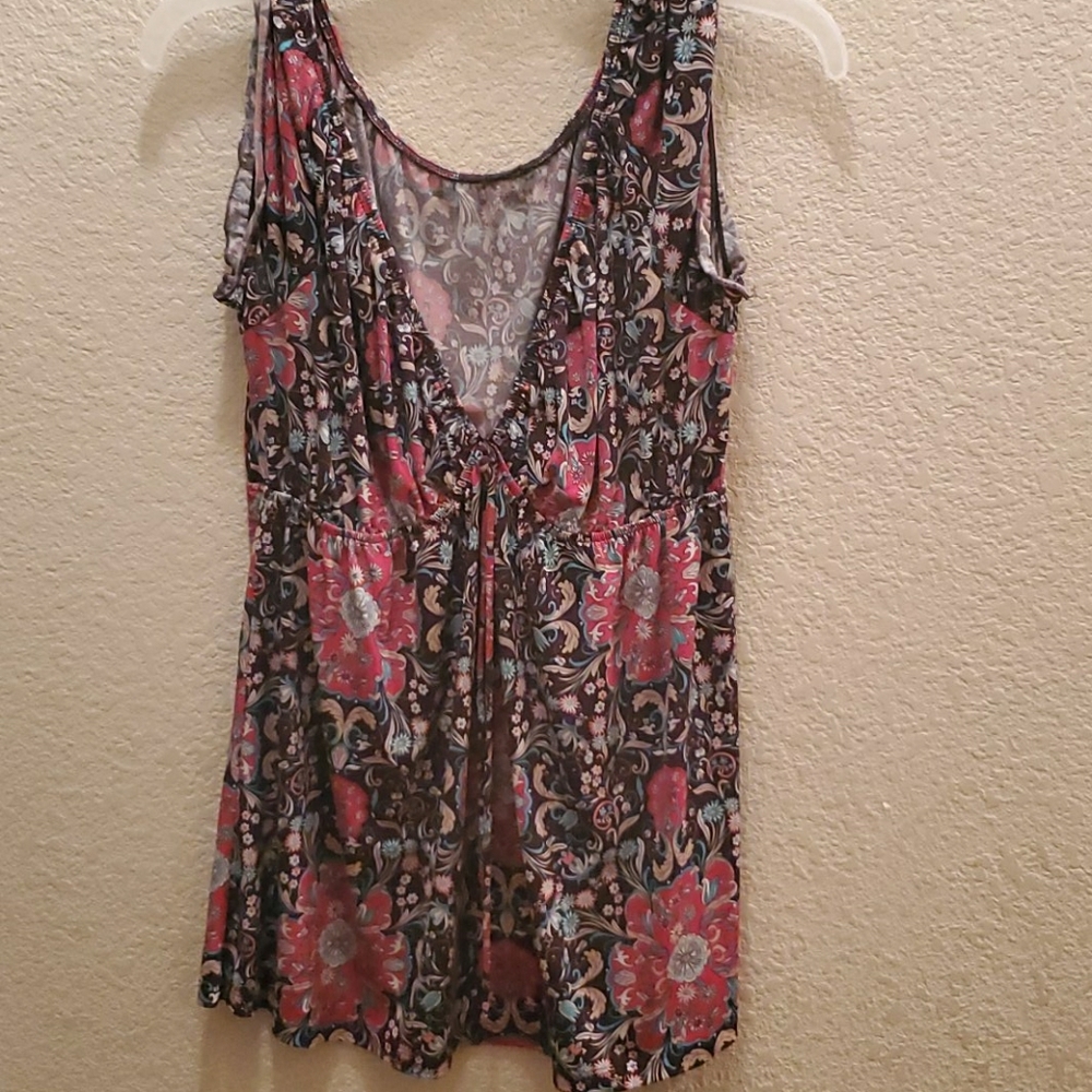 Pink Floral Boho Top - L - Cottagecore Coastal Empire Waist Summer